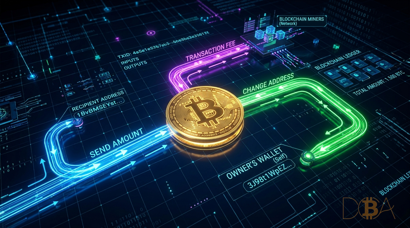 Phân tích cấu trúc một giao dịch Bitcoin gồm số lượng gửi đi, phí thợ đào và địa chỉ tiền thối thừa.