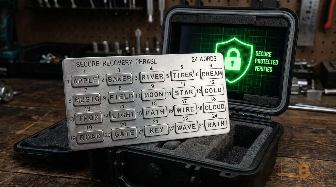 Sao lưu seed phrase bằng tấm thép chống cháy bảo vệ khóa riêng ví Bitcoin.