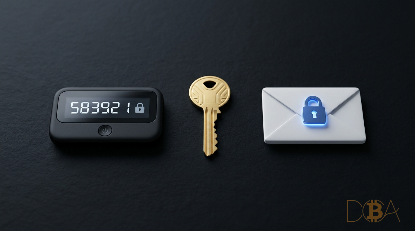 Thiết bị mã khóa 2-factor authentication đặt cạnh chìa khóa cơ và phong bì thư có khóa