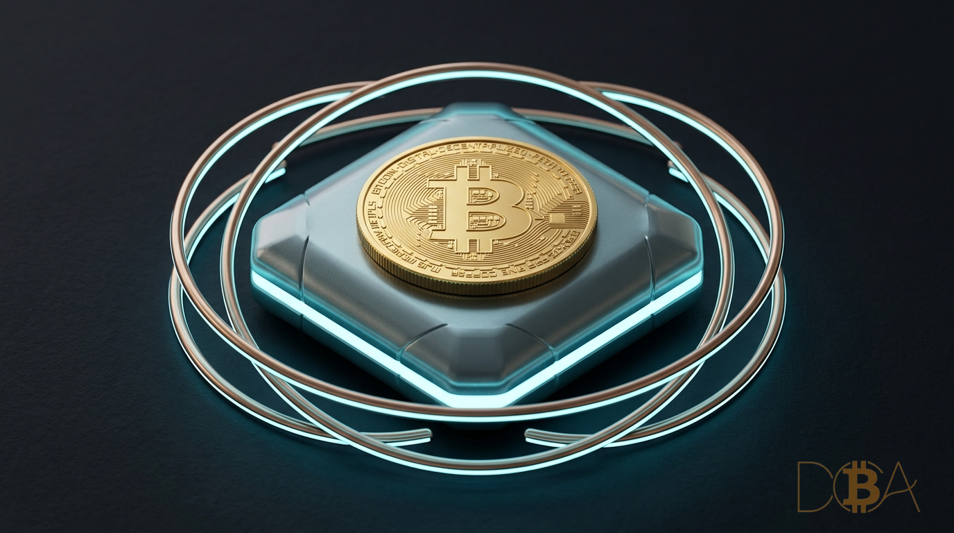 Đồng xu vàng Bitcoin đặt trên tấm đệm đai kim loại phát sáng bảo vệ