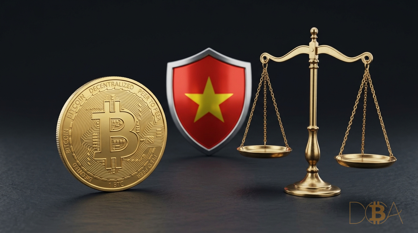 Đồng xu vàng Bitcoin đặt cạnh chiếc cân công lý và tấm khiên cờ Việt Nam