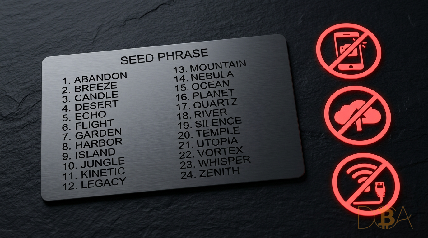 Tấm kim loại khắc 24 từ khóa bảo mật seed phrase kèm biểu tượng cảnh báo cấm chụp ảnh, cấm lưu trữ đám mây và cấm kết nối internet