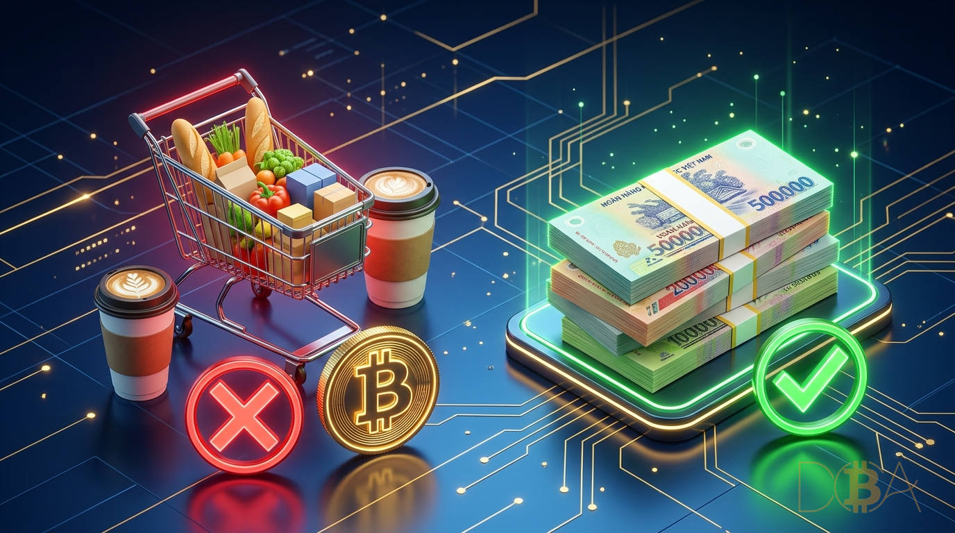 Thiết bị POS thanh toán thẻ và đồng Bitcoin bị gạch chéo cấm màu đỏ