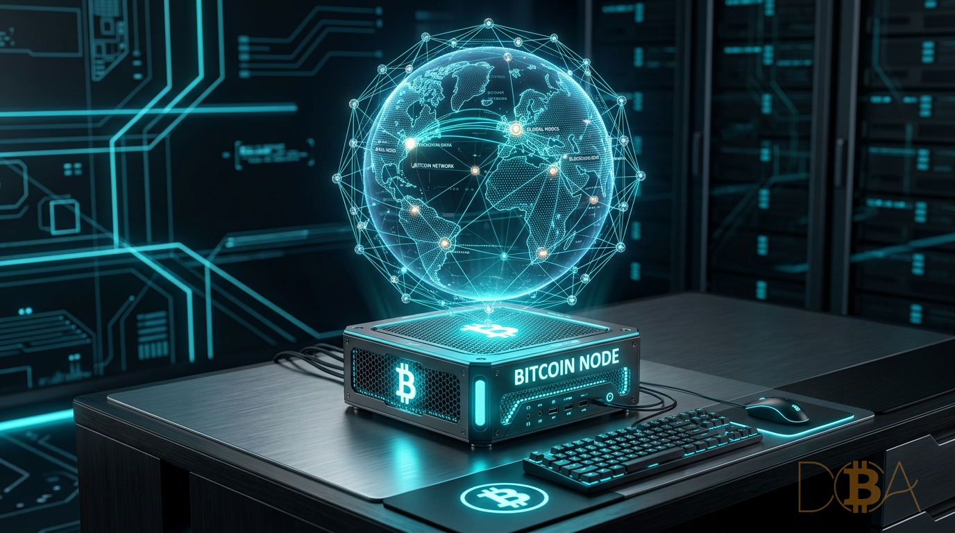 Thiết bị phần cứng chạy Bitcoin full node kết nối và đồng bộ hóa với mạng lưới blockchain toàn cầu.
