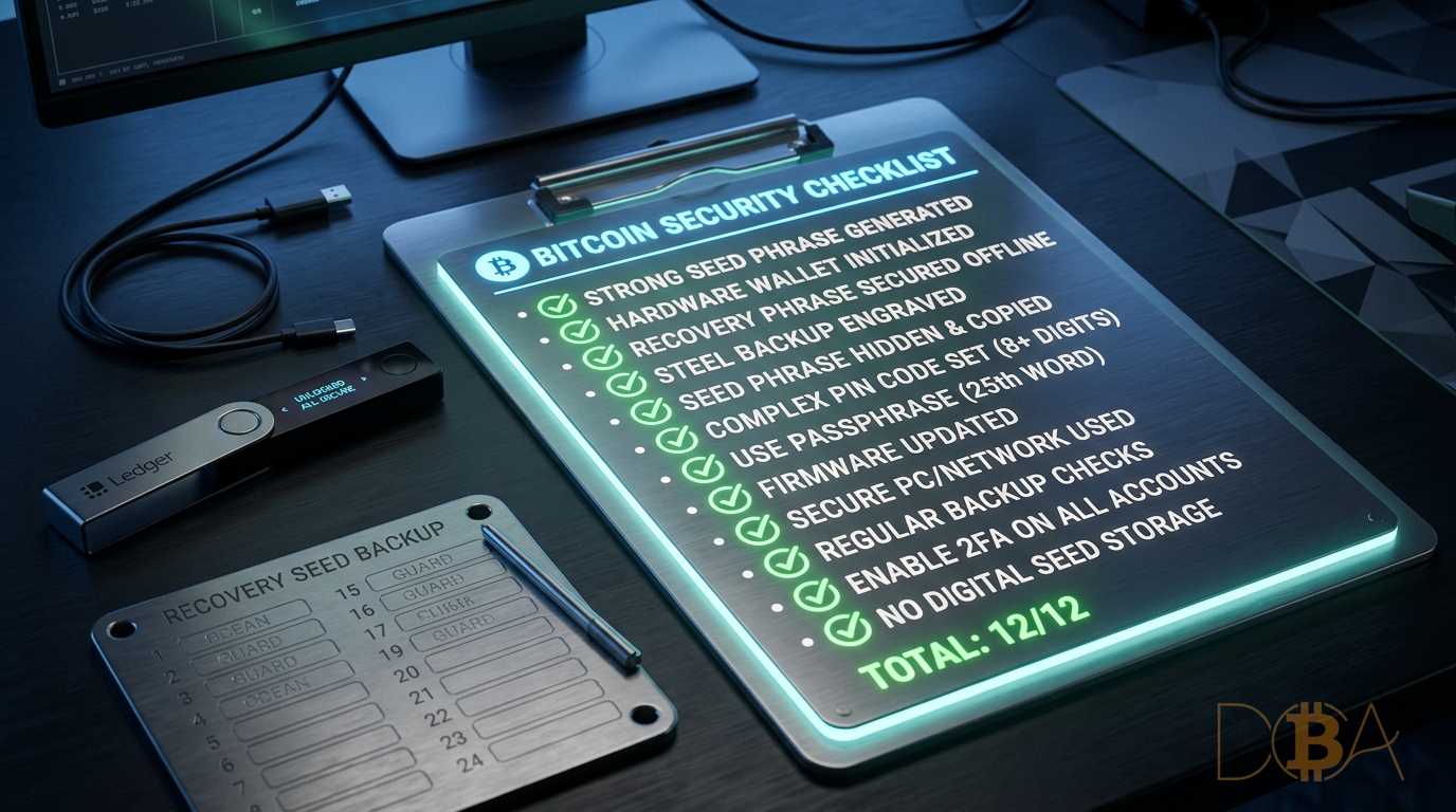 Bảng checklist 12 quy tắc bảo mật Bitcoin cá nhân trước khi tự lưu trữ số lượng lớn.