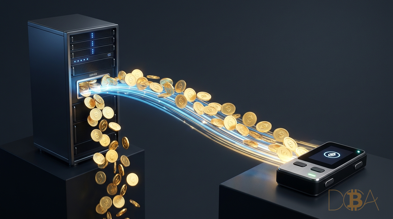 Luồng tiền xu vàng di chuyển qua dải cầu vồng ánh sáng từ server sang ví cứng Ledger