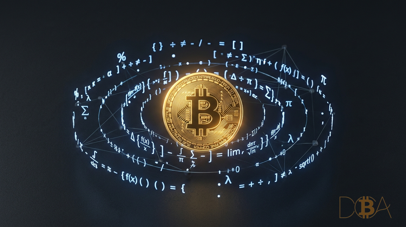 Đồng xu Bitcoin vàng lơ lửng được bao bọc bởi các công thức toán học và ký tự phần trăm sáng