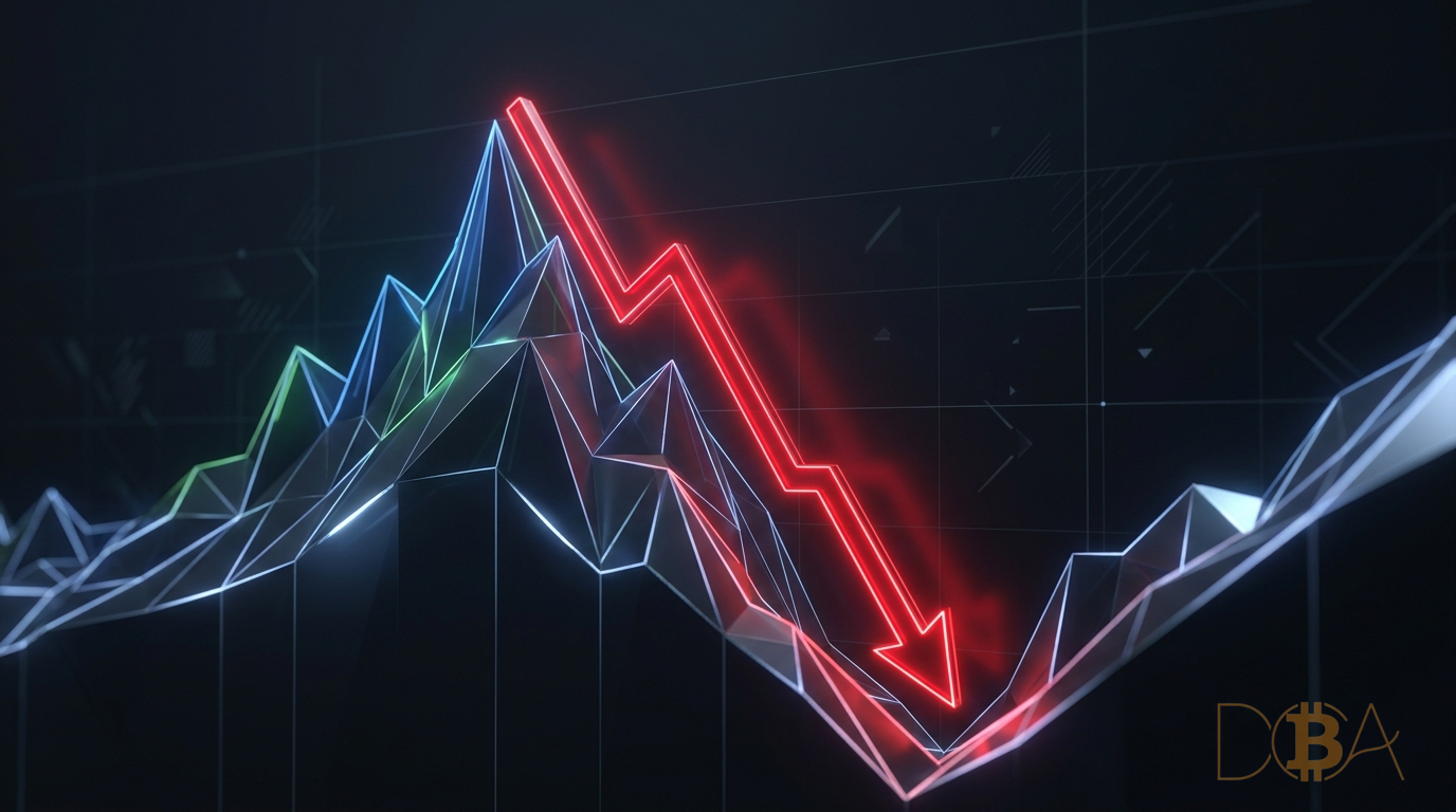 Biểu đồ núi nhấp nhô có đường mũi tên zic zác đỏ neon lao dốc từ đỉnh