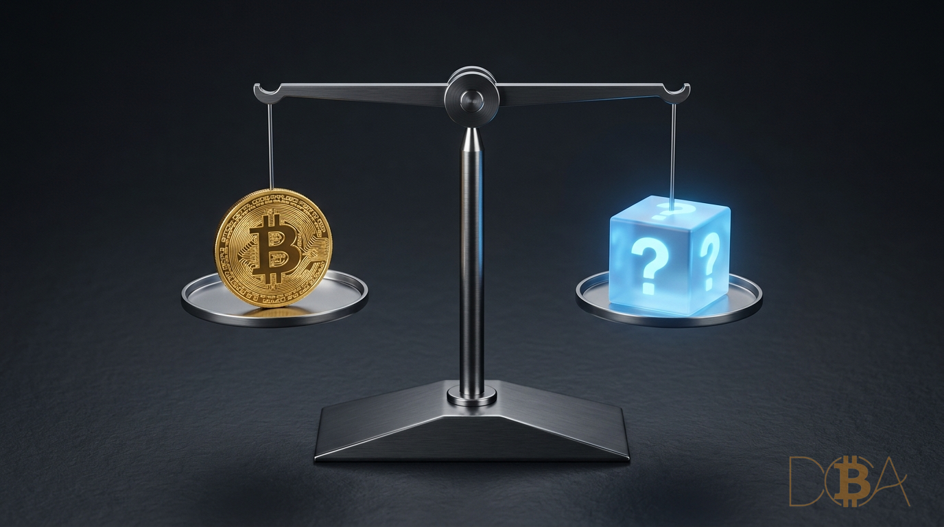 Cán cân thăng bằng bằng sắt, một bên là đồng Bitcoin vàng, bên kia là khối hộp hỏi chấm xanh