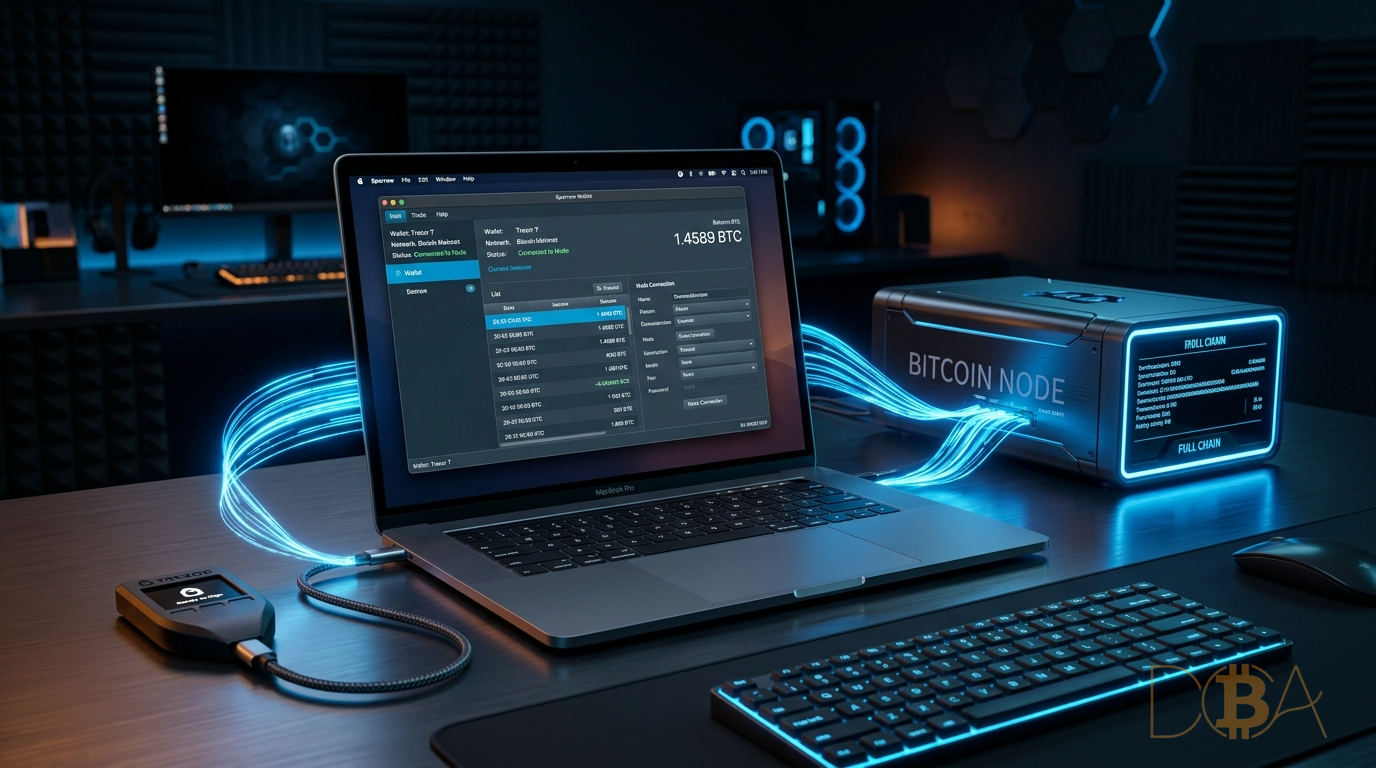 Sơ đồ kết nối ví cứng và phần mềm ví Sparrow Wallet với server Bitcoin node riêng.