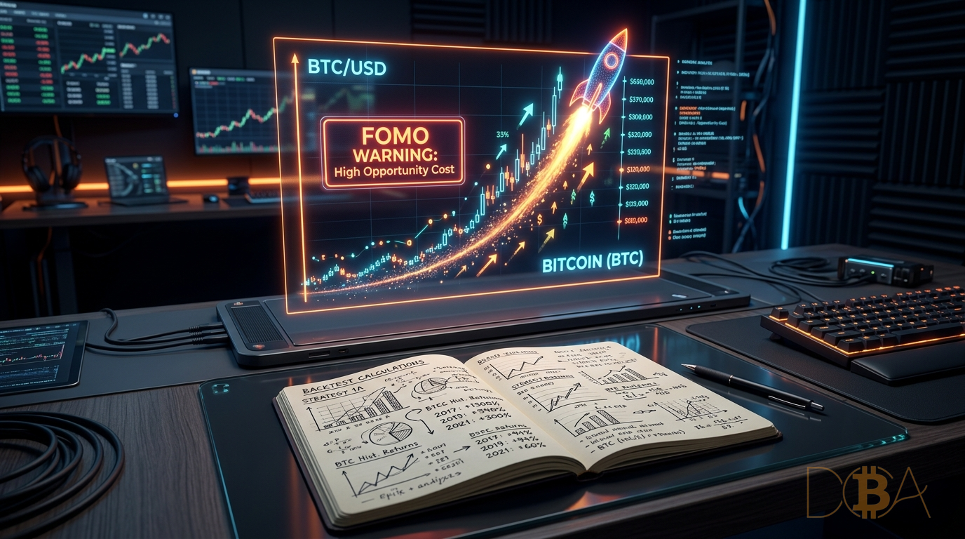 Biểu đồ giá Bitcoin tăng vọt biểu thị tâm lý lỡ nhịp FOMO và chi phí cơ hội.