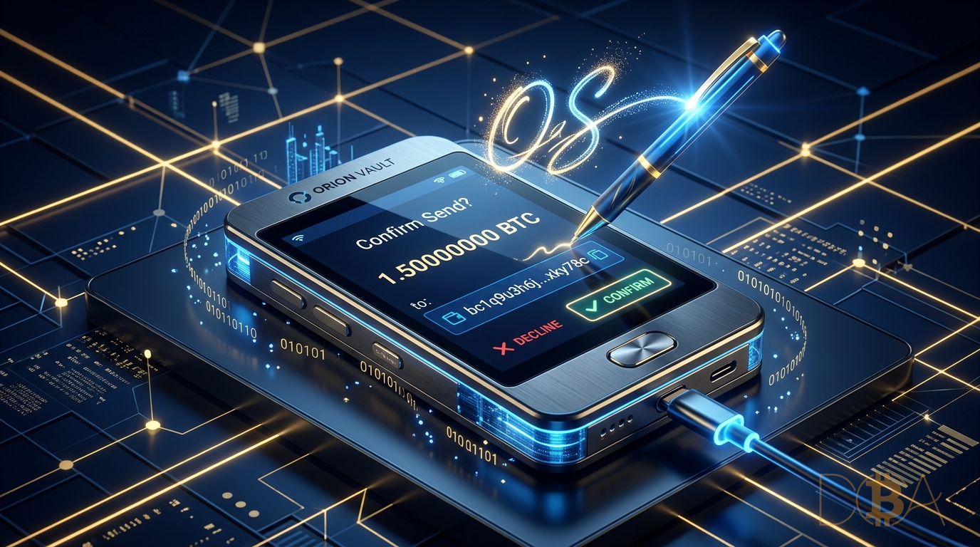 Giao diện xác nhận và ký giao dịch chuyển Bitcoin trên màn hình thiết bị ví lạnh.