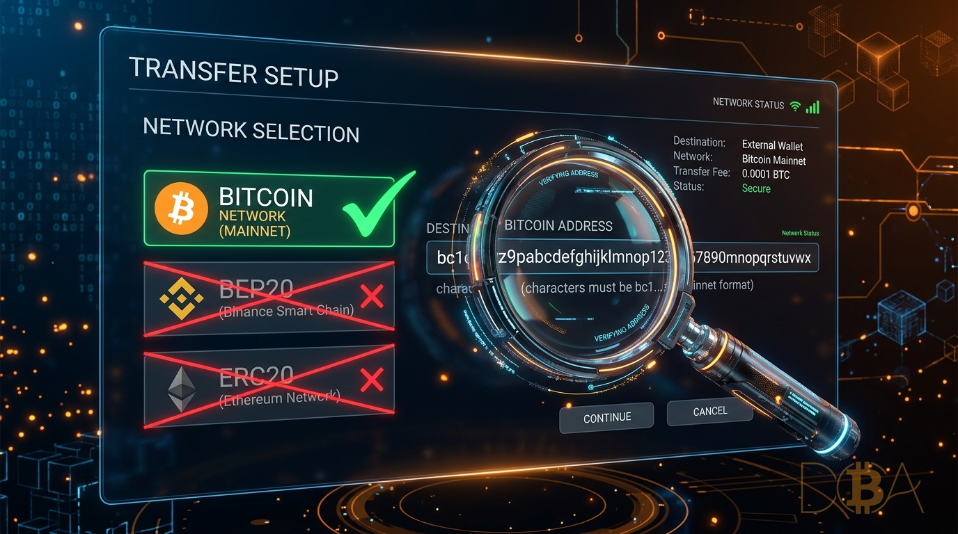 Lựa chọn đúng mạng lưới Bitcoin Mainnet và kiểm tra kỹ ký tự địa chỉ ví nhận khi đặt lệnh rút.