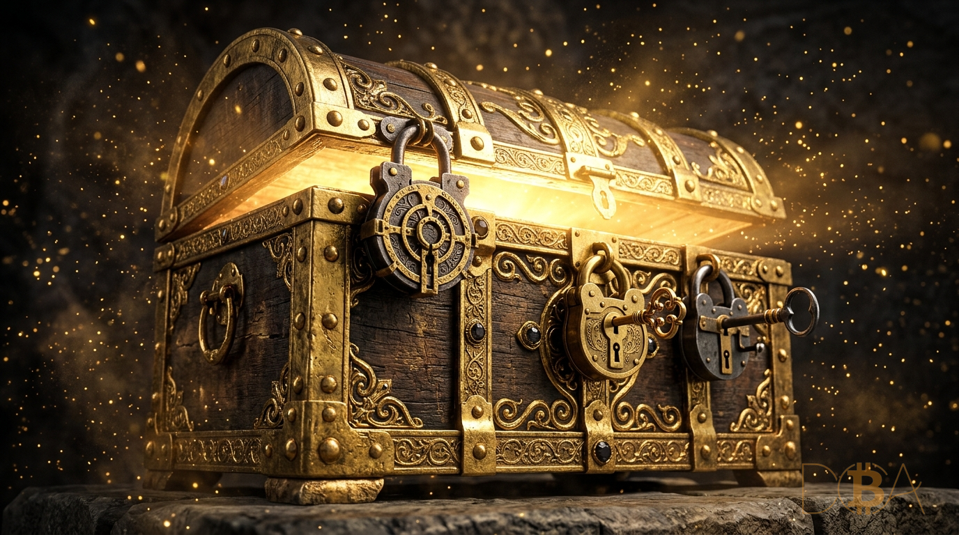 Két sắt kho báu Bitcoin mở ra bằng mô hình ví đa chữ ký Multisig 2-of-3.