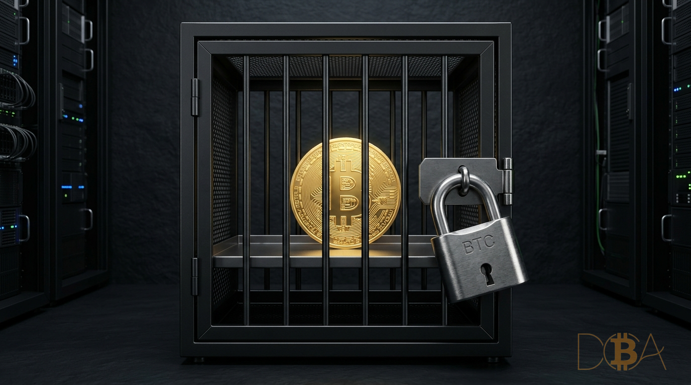 Đồng xu vàng Bitcoin bị nhốt sau các thanh sắt cũi sắt server có ổ khóa