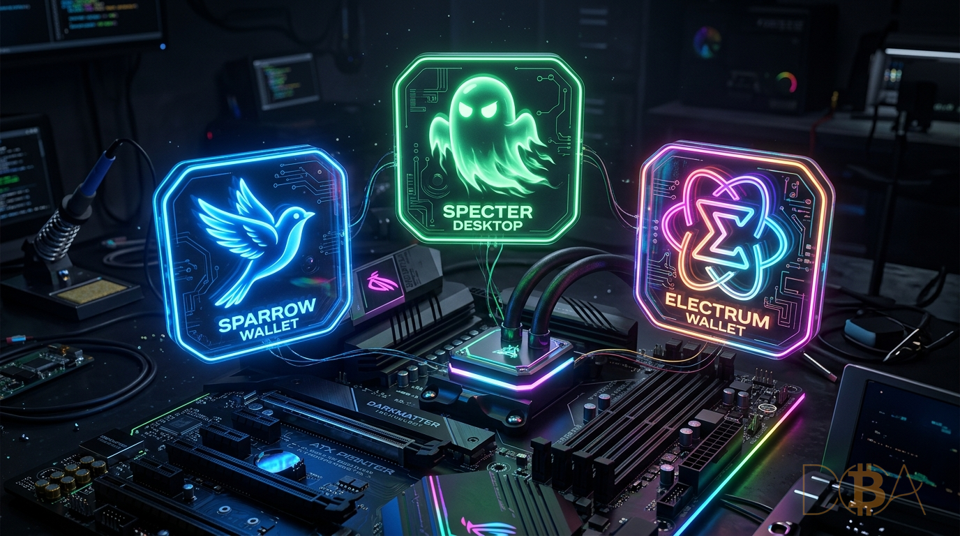 Các phần mềm ví phổ biến như Sparrow Wallet, Specter Desktop và Electrum dùng để quản lý giao dịch.