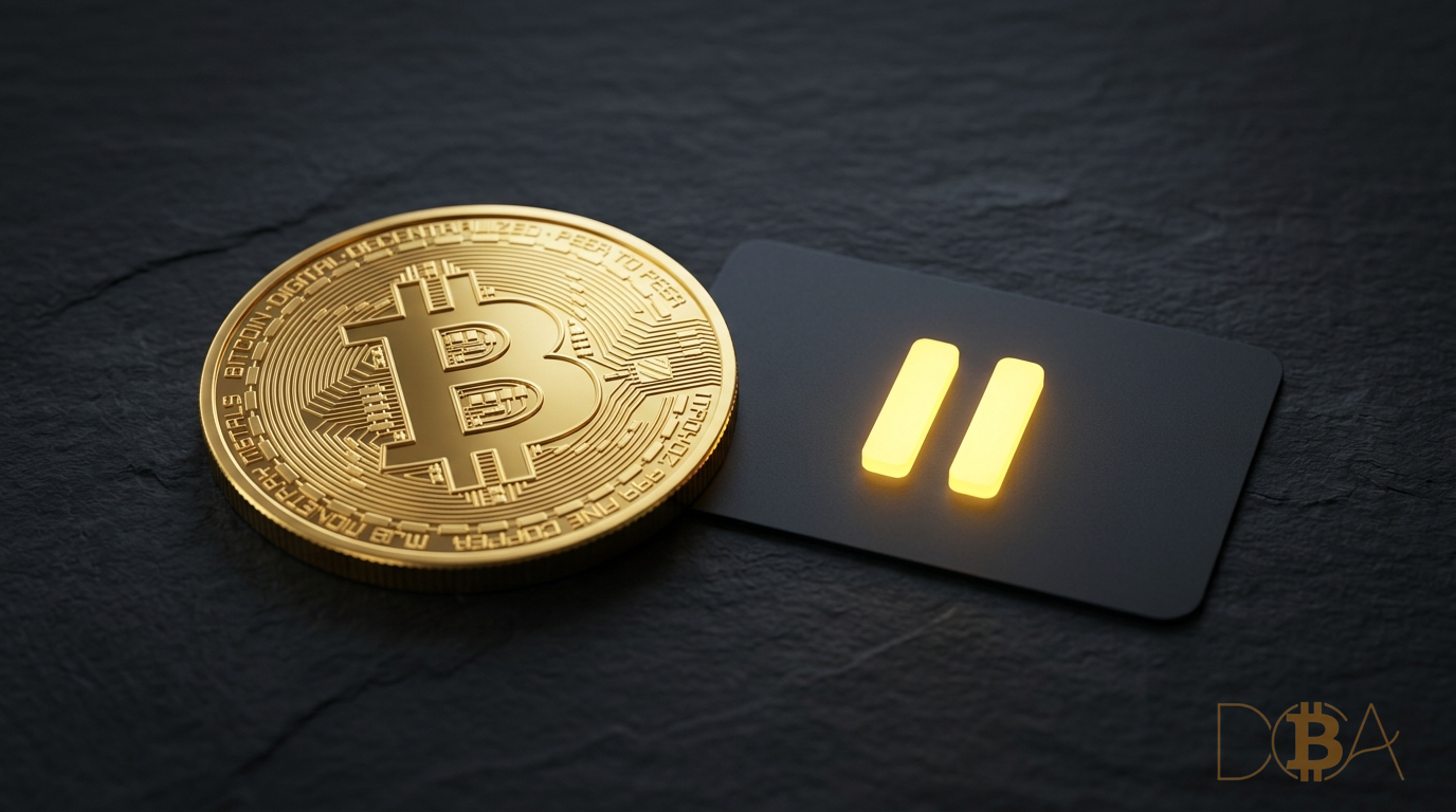 Ổ khóa và ký hiệu tạm dừng (pause) bên cạnh đồng tiền vàng Bitcoin