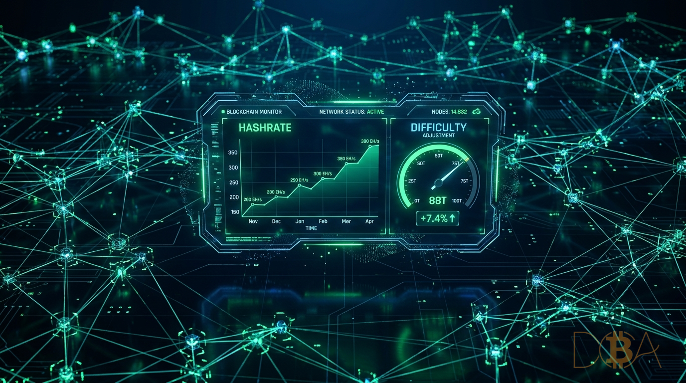 Sơ đồ mạng lưới phi tập trung và các chỉ số Hashrate, độ khó đào Bitcoin.