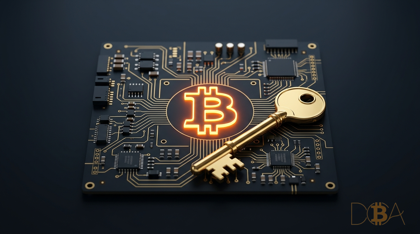 Hình ảnh chìa khóa vàng trên bản vi mạch điện tử tượng trưng cho việc tự kiểm soát private key Bitcoin