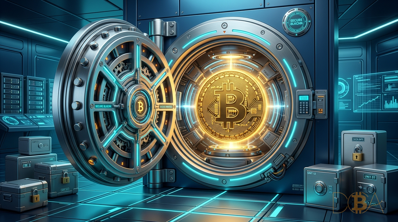 Đồng Bitcoin đặt bên trong két sắt bảo mật cao cấp biểu thị giải pháp ví lạnh an toàn.